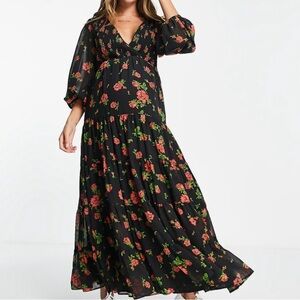 ASOS DESIGN Maternity shirred wrap tiered skirt maxi dress in black rose print